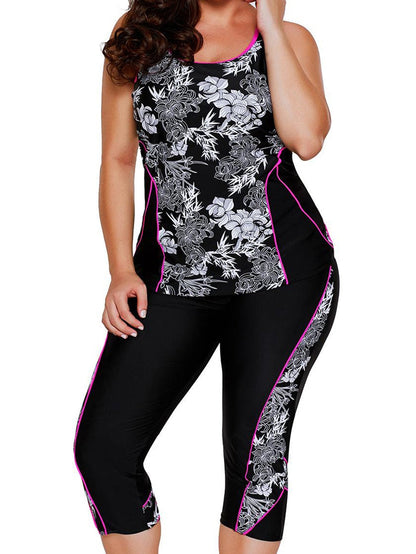 Flowery Print Black Tankini Set with Capris - Chic Swimwear Choice