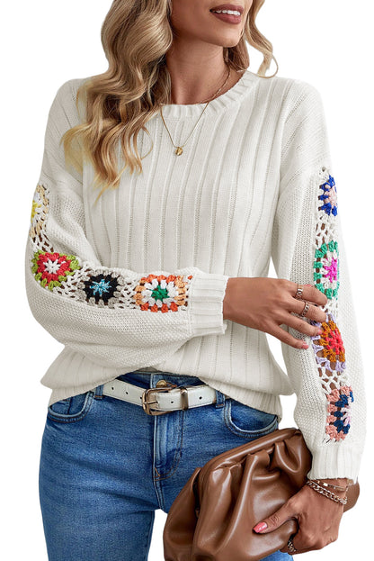 Floral Crochet Detail White Knit Sweater