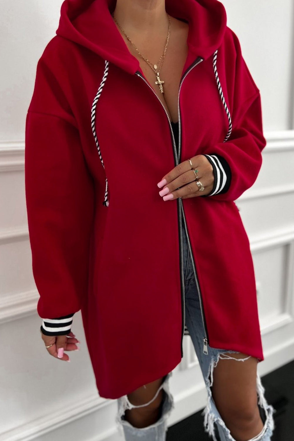 Racing Red Contrast Cuffed Drawstring Hooded Zip Up Sweatshirt