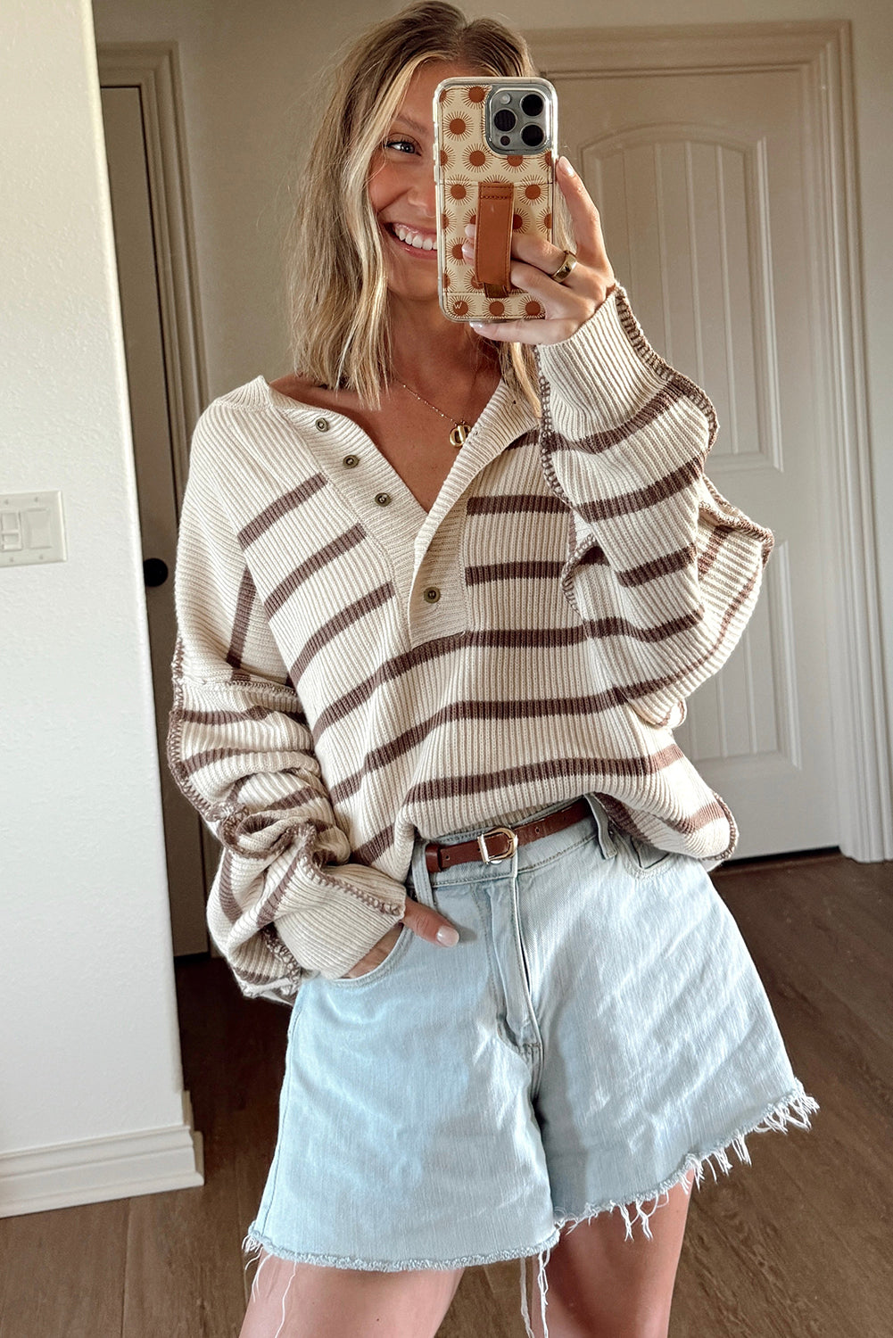 Khaki Stripe Exposed Seam Drop Shoulder Patchwork Loose Henley Sweater