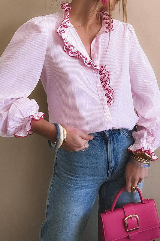 Light Pink Striped Print Embroidered Ruffle Trim Long Puff Sleeve Shirt