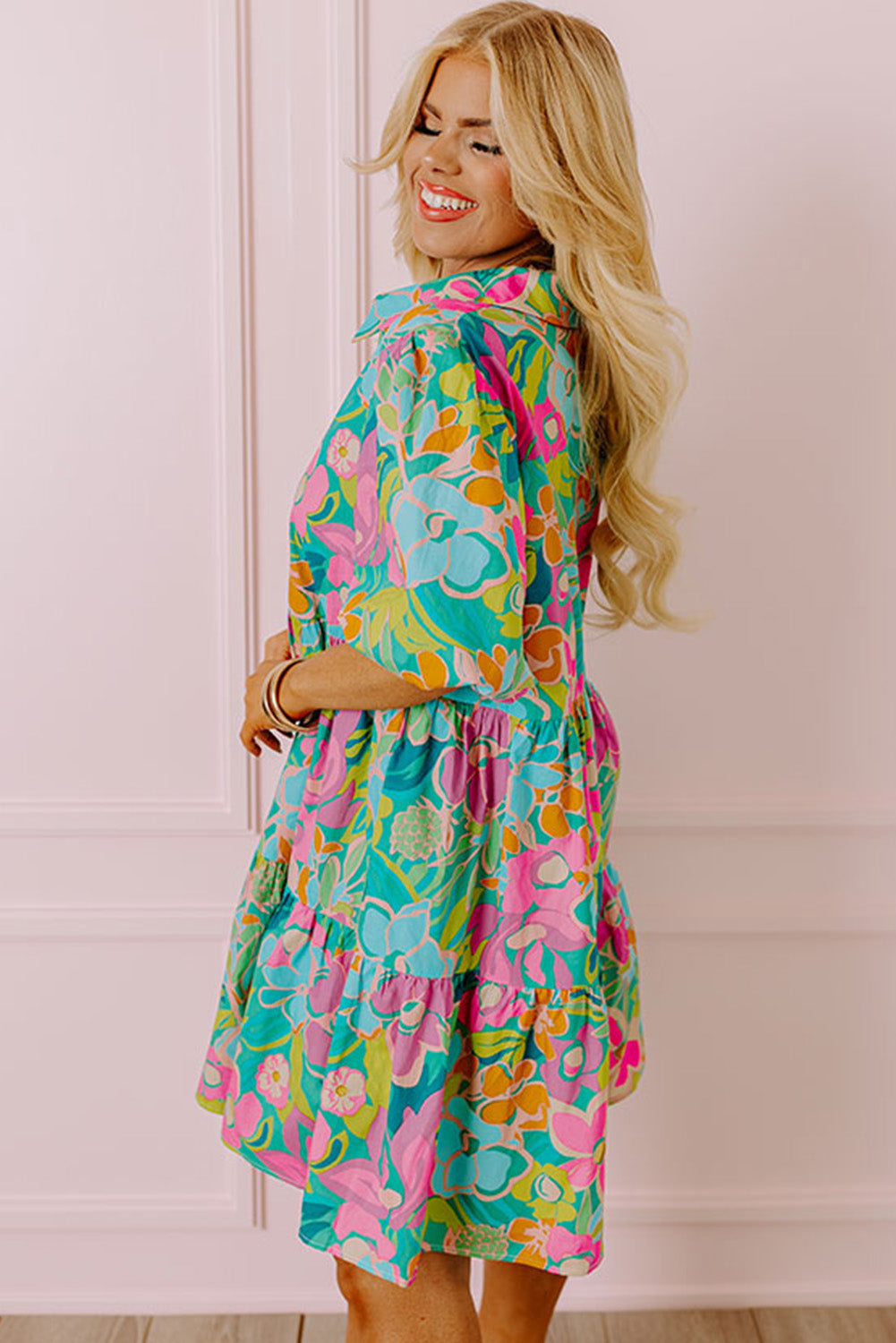Green Floral Print Tiered Shirt Dress with Puff Sleeves