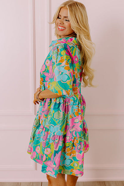 Green Floral Print Tiered Shirt Dress with Puff Sleeves