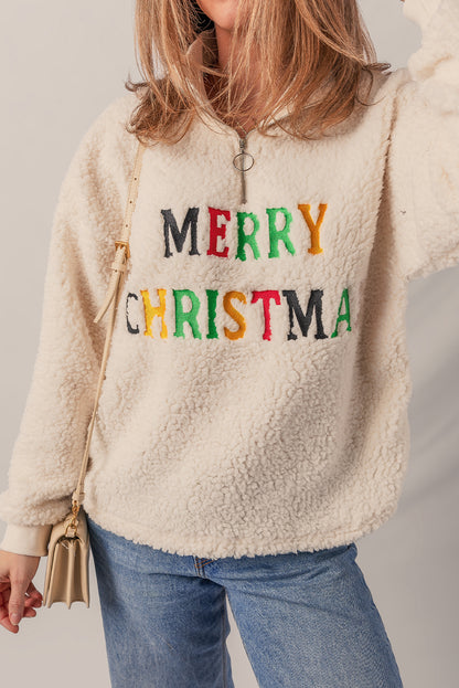 Jet Stream MERRY CHRISTMAS Colorful Letter Embroidery Quarter Zip Sherpa Sweatshirt