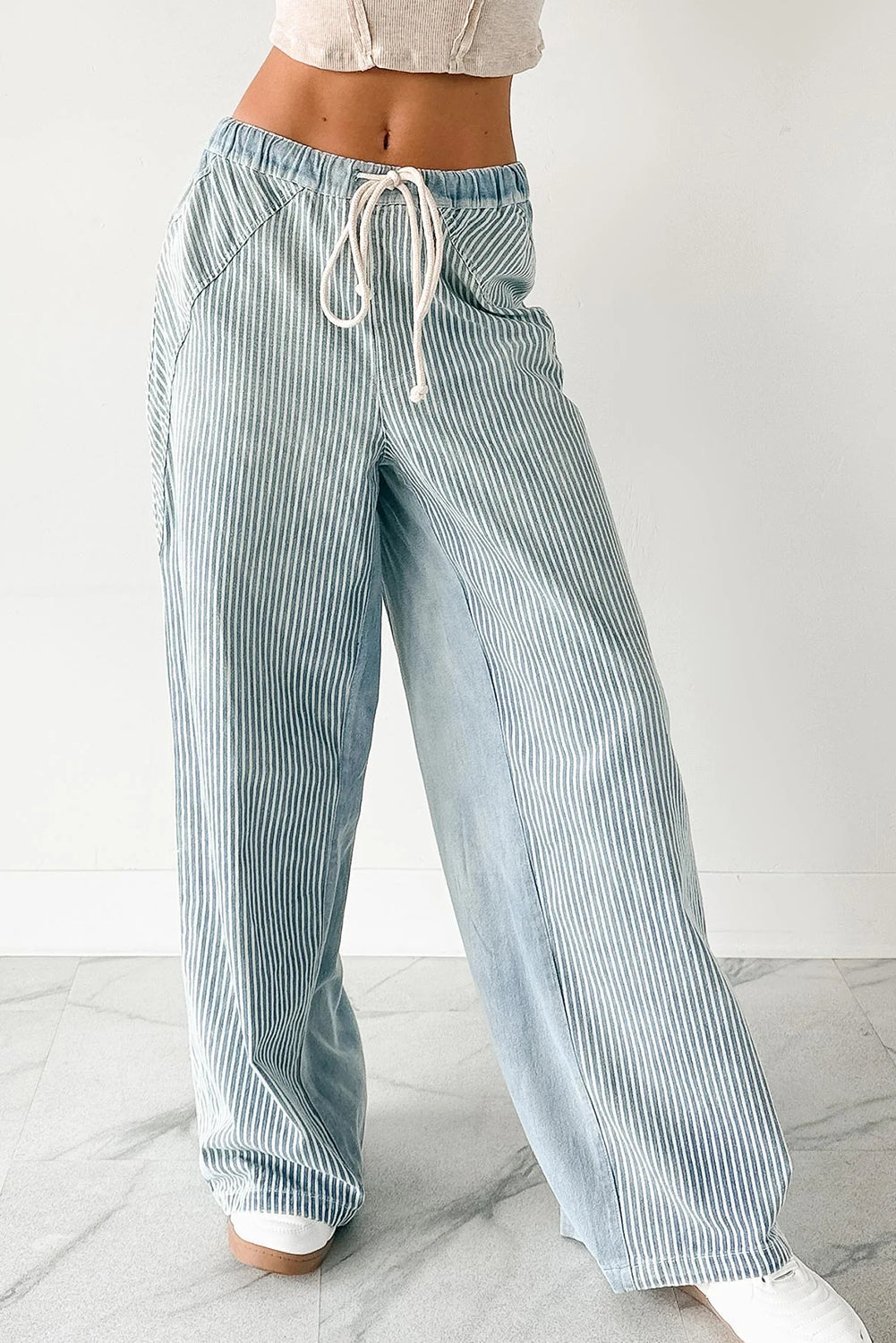 Sky Blue Stripe Contrast Drawstring Wide Leg Patchwork Jeans
