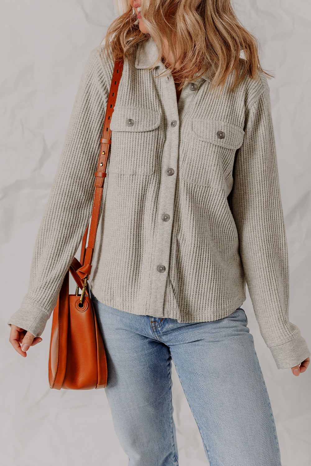 Light Grey Waffle Textured Chest Pocket Chic Shacket
