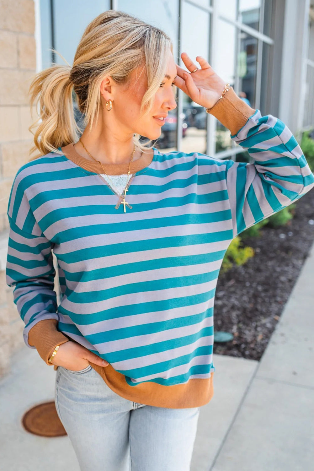 Sky Blue Stripe Contrast Color Ribbed Trim Round Neck Drop Shoulder Sweatshirt