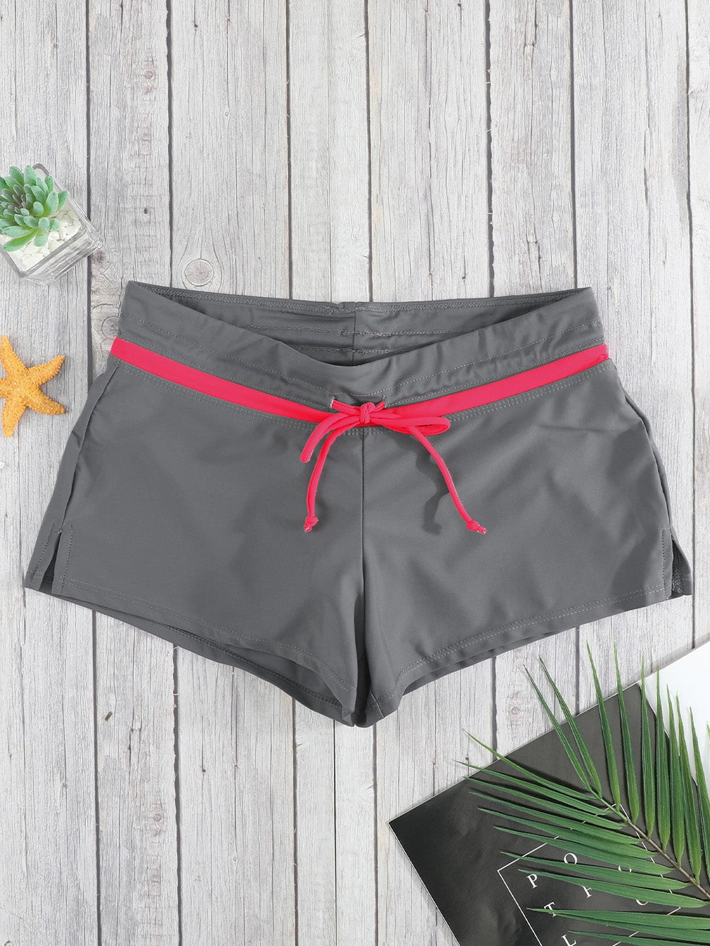 Fiery Red Accented Taupe Women's Swim Shorts