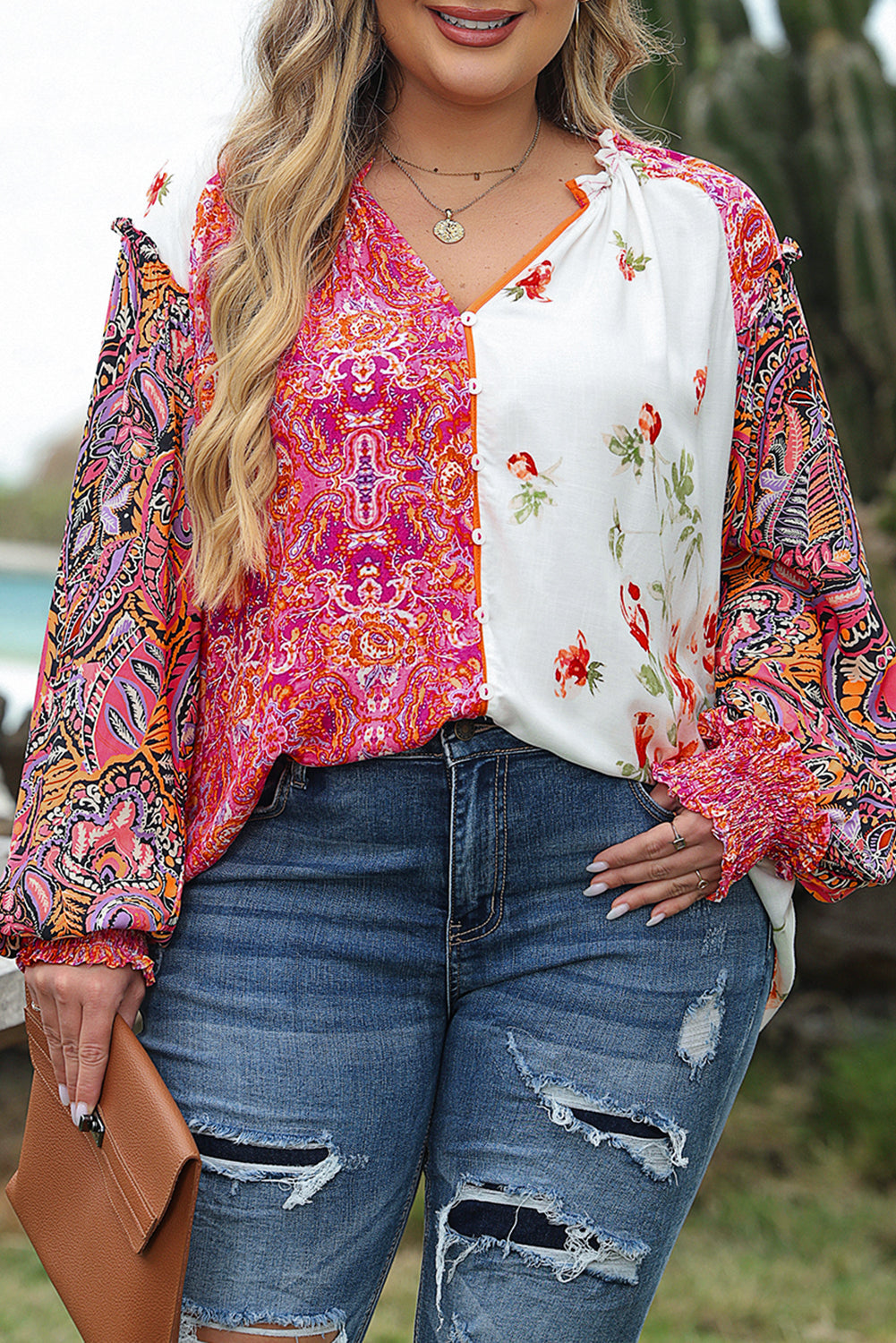 Pink Floral Print V-Neck Button-Up Blouse with Shirred Cuffs