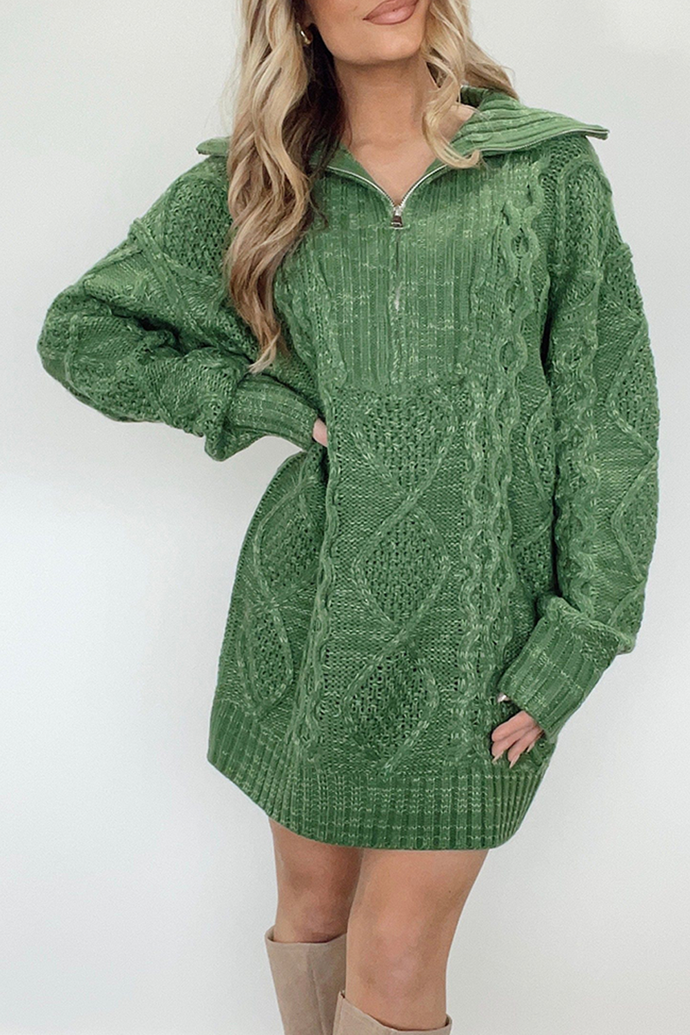 Mist Green Cable Knit Quarter Zip Loose Sweater Mini Dress