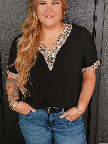 Black Lace Trim Short Sleeve V Neck Plus Size Top