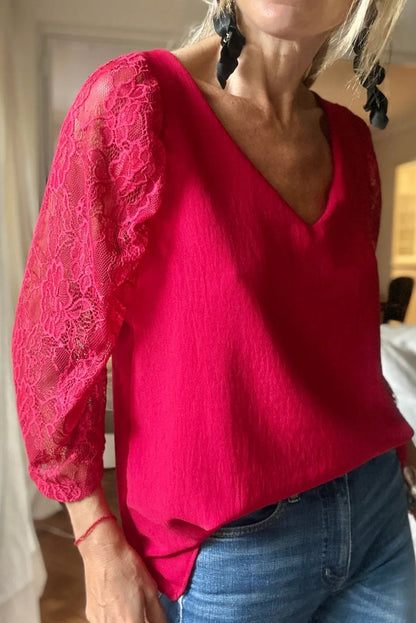 Coral Lace Patchwork 3/4 Sleeve V Neck Blouse