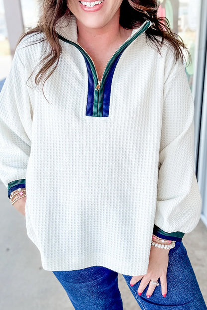 White Waffle Textured Contrast Polo Neck Zip up Jumper