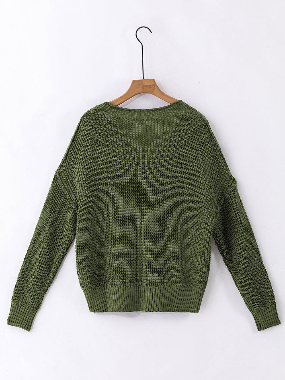 Green Buttoned V Neck Drop Shoulder Sweater with Pointelle Knit