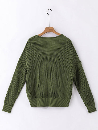 Green Buttoned V Neck Drop Shoulder Sweater with Pointelle Knit