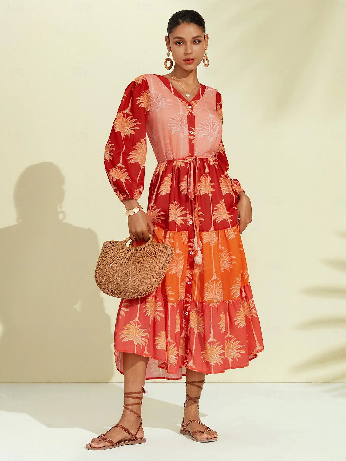 Floral Tassel Fringe V Neck Midi Dress