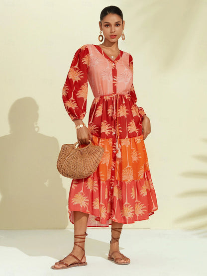 Floral Tassel Fringe V Neck Midi Dress