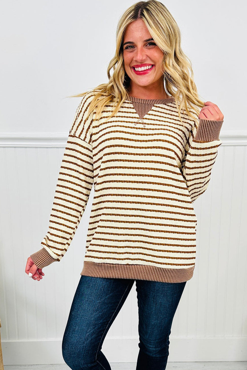 Brown Stripe Twist Ribbed Drop Shoulder Pullover Top