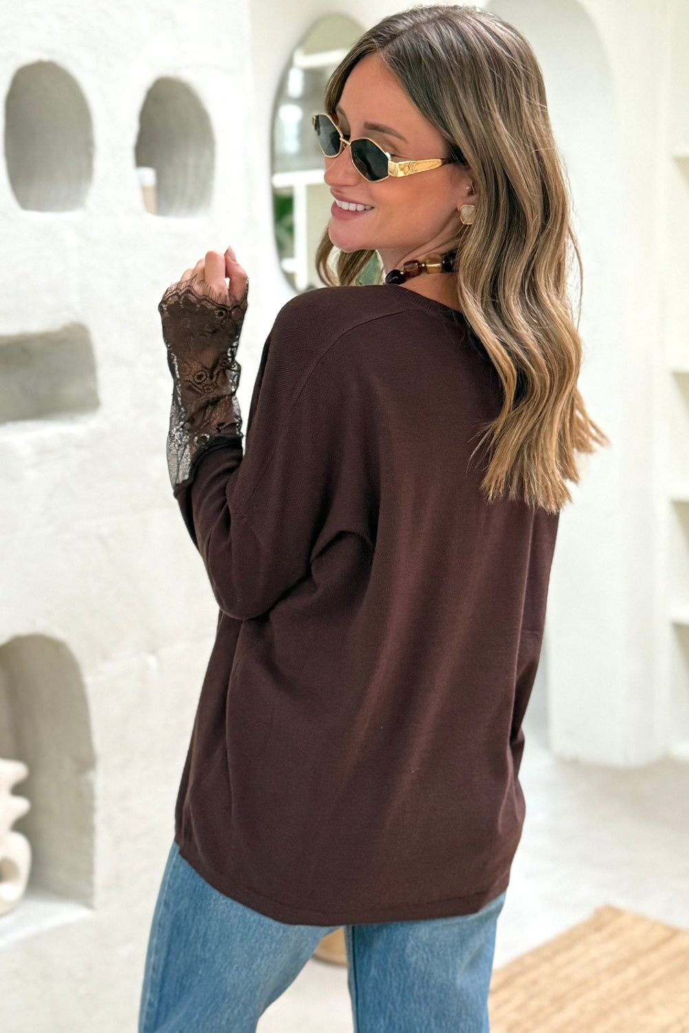 Chicory Coffee lace panel sweater