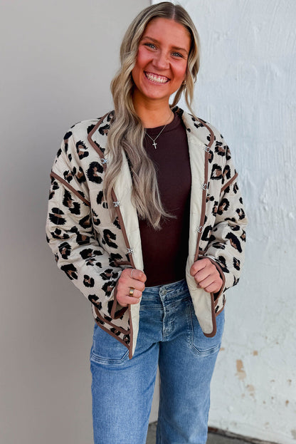 Khaki Leopard Quilted Contrast Trim Winter Jacket