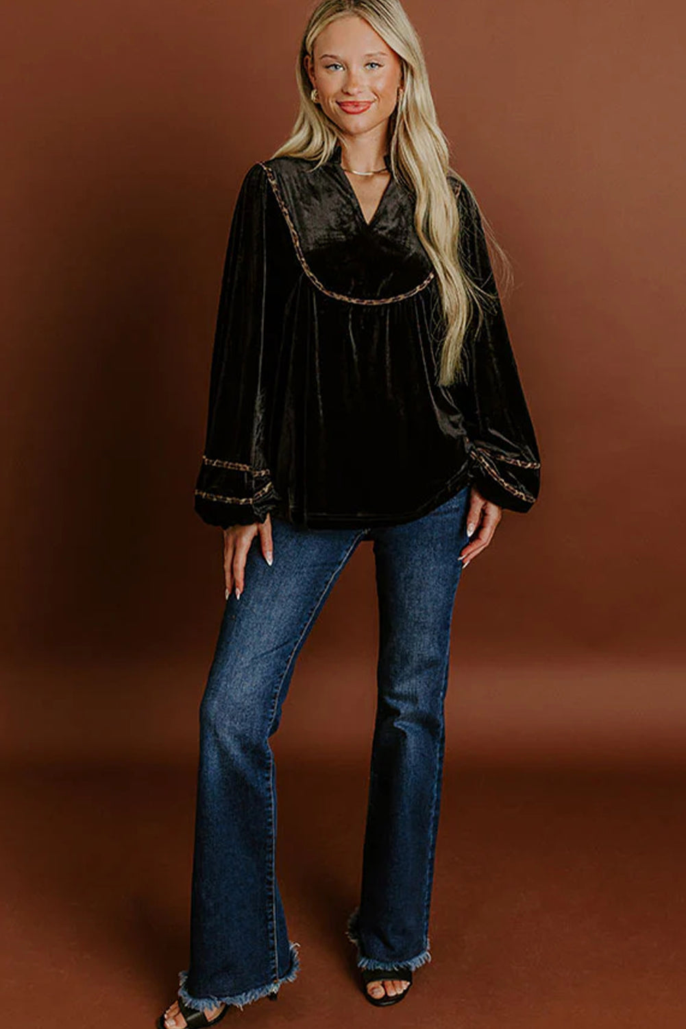 Black Velvet Notched Neck Leopard Trim Long Puff Sleeve Top