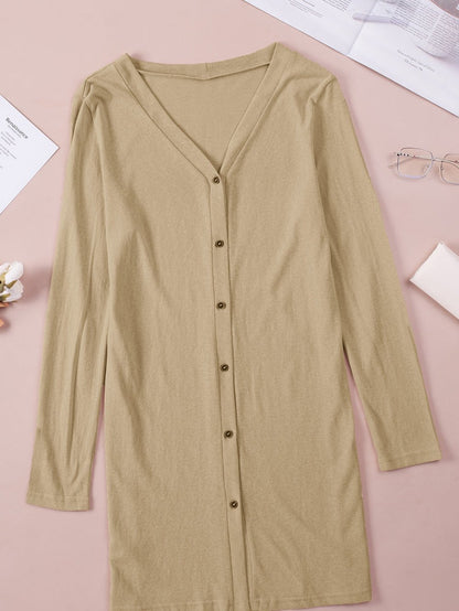 Solid Long Length Blouse, Casual Button Front Long Sleeve Blouse, Women's Clothing