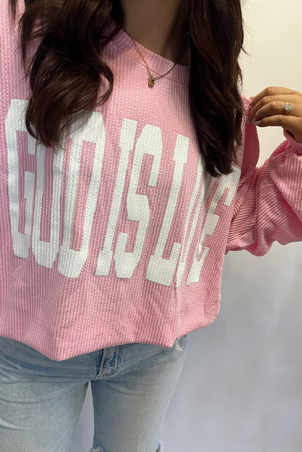 Pink GOD IS LOVE/ SAVED BY GRACE Letter Print Twisted Ribbed Loose Top