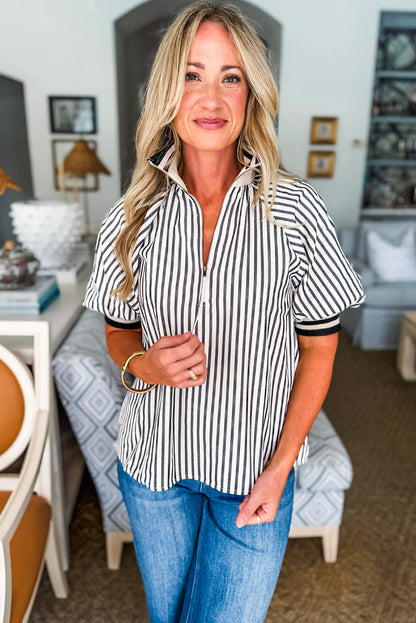 Black Stripe Contrast Webbing Patchwork Half Zip Short Puff Sleeve Blouse
