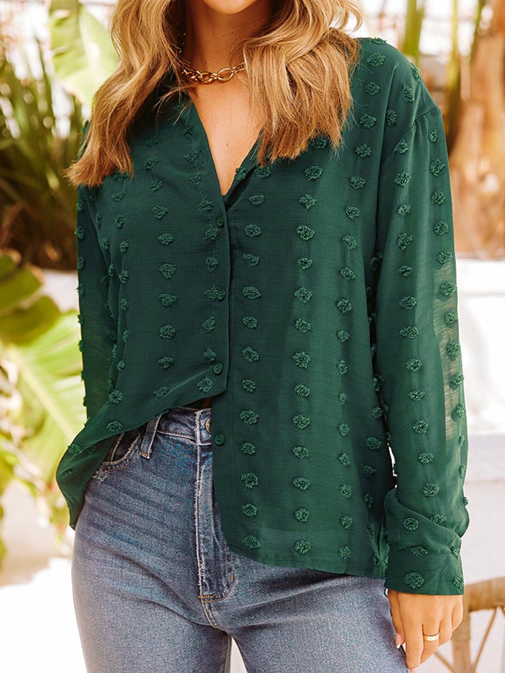 Green Fuzzy Polka Dot Shirt with Long Sleeves
