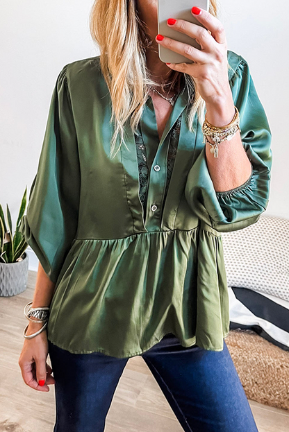 Mist Green Satin Half Button Lace Insert Neckline 3/4 Sleeve Peplum Blouse