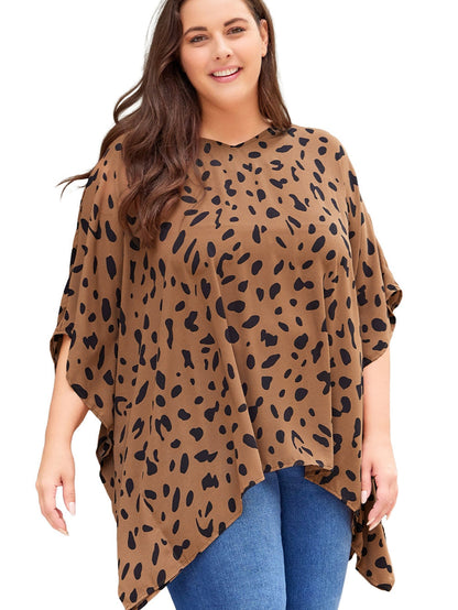 Leopard Print Batwing Sleeve Plus Size Tunic Top