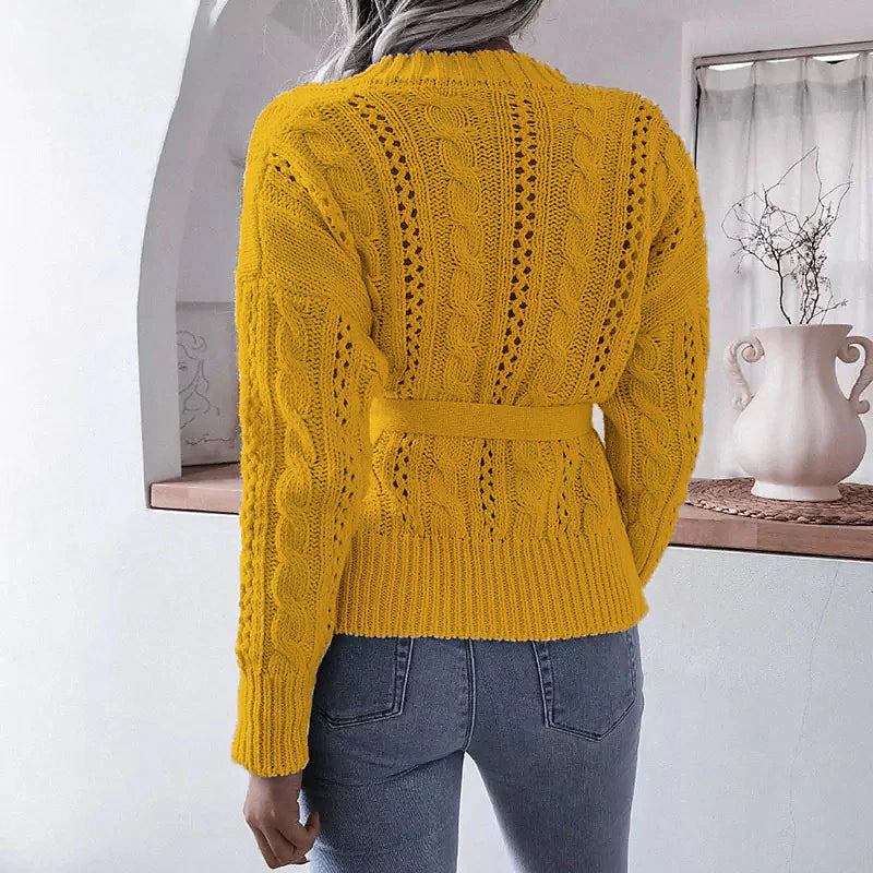 Women's Cardigan Sweater Jumper Cable Knit Lace up Button Pure Color Crew Neck Stylish Casual Outdoor Daily Winter Fall Purple Yellow S M L / Cotton / Long Sleeve / Cotton / Holiday / Regular Fit