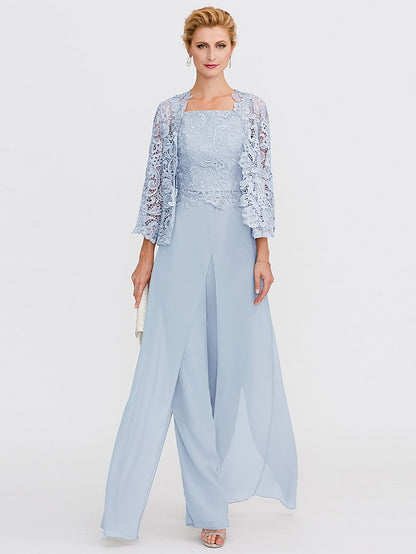Jumpsuit / Pantsuit Mother of the Bride Dress Formal Plus Size Elegant Square Neck Floor Length Chiffon Corded Lace Sleeveless Wrap Included with Lace Appliques 2023 - LuckyFash™