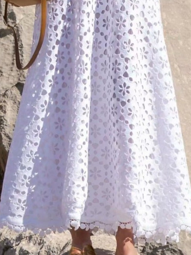 Women's Dress - Lace Dress Cutout Eyelet Pure Color Casual Dress Swing Dress Long Dress Maxi Dress White Half Sleeve Fall Spring V Neck Weekend 2023 S M L XL 2XL 3XL