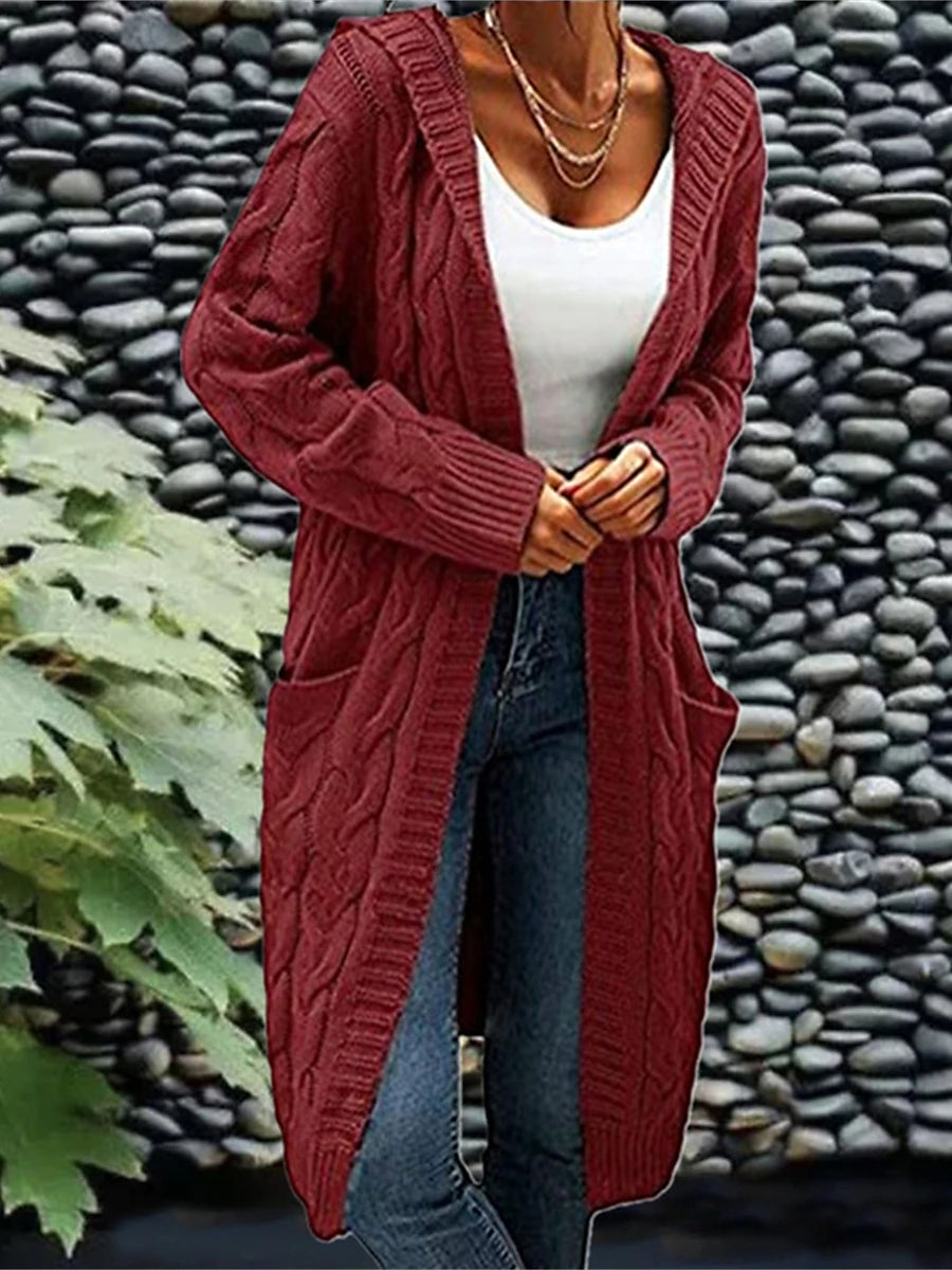 Women's Cardigan Hooded Cable Knit Polyester Pocket Knitted Fall Winter Regular Outdoor Daily Going out Fashion Streetwear Casual Long Sleeve Solid Color Wine Army Green Purple S M L