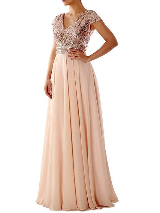 Women's Dress - Swing Dress Maxi long Dress Party Dress Light Blue Short Sleeve Pure Color V Neck Sequins Chiffon Evening Dress Ruched Patchwork Spring Summer Personalized Stylish Elegant Luxurious