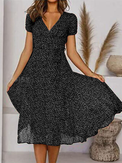 Women's Dress - Casual Dress Swing Dress Floral Dress Midi Dress Black Wine Red Short Sleeve Ditsy Floral Print Summer Spring V Neck Fashion Vacation Loose Fit 2023 S M L XL XXL 3XL