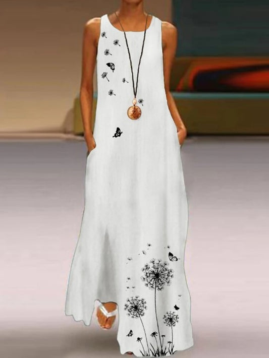 Women's Dress - White Dress A Line Dress Long Dress Maxi Dress Daisy Yellow Leaves white Butterfly white Sleeveless Floral Pocket Summer Spring Crew Neck Casual 2023 S M L XL XXL 3XL 4XL