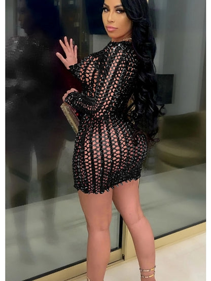 Women's Dress - Party Dress Holiday Dress Bodycon Mini Dress Silver Black Red Long Sleeve Pure Color Hollow Out Spring Fall Winter Crew Neck Fashion Winter Dress Fall Dress Spring Dress 2022 S M L XL XXL