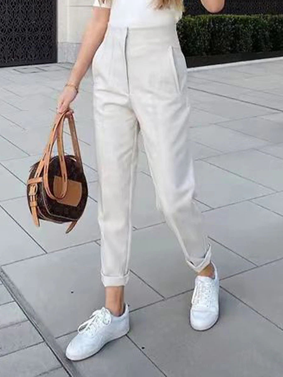 Women's Dress Pants Polyester Solid Color claret Orange red Fashion High Waist Full Length Office Street Fall Winter