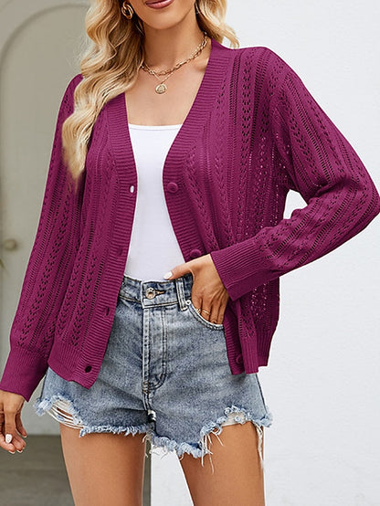 Women's Cardigan Sweater V Neck Crochet Knit Polyester Button Hole Summer Spring Daily Going out Weekend Stylish Casual Soft Long Sleeve Solid Color Purple Green Khaki S M L