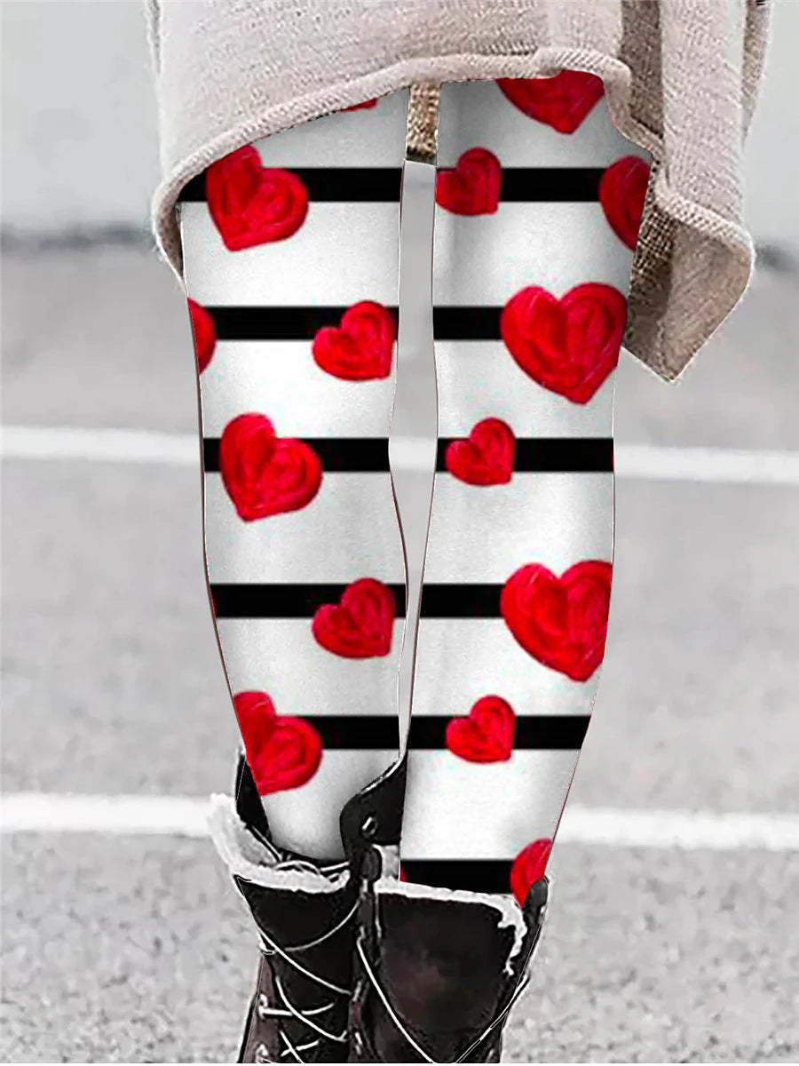 Women's Leggings Polyester Heart Wine Black Active High Waist Long Valentine's Day Vacation Spring