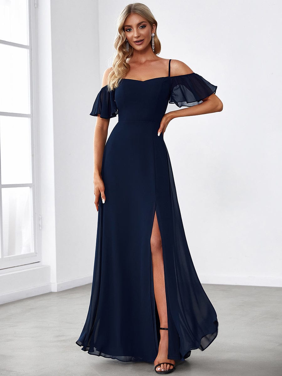 Elegant A-Line Bridesmaid Dress with Deep V Neck and Flare Sleeves