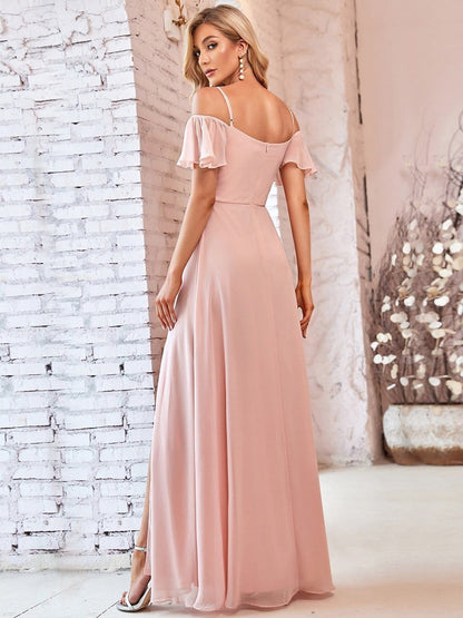 Elegant A-Line Bridesmaid Dress with Deep V Neck and Flare Sleeves