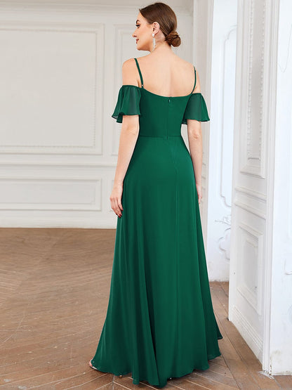 Elegant A-Line Bridesmaid Dress with Deep V Neck and Flare Sleeves