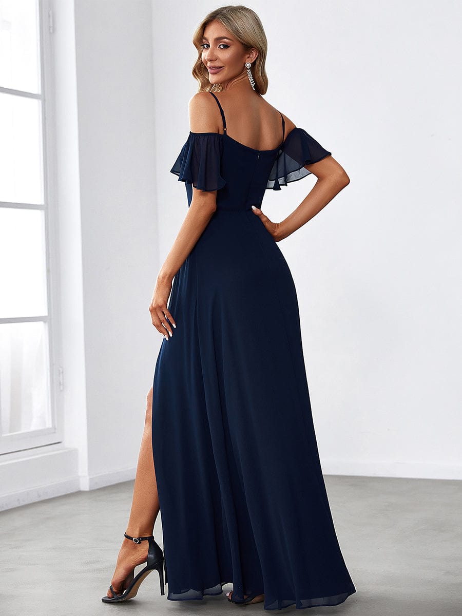 Elegant A-Line Bridesmaid Dress with Deep V Neck and Flare Sleeves