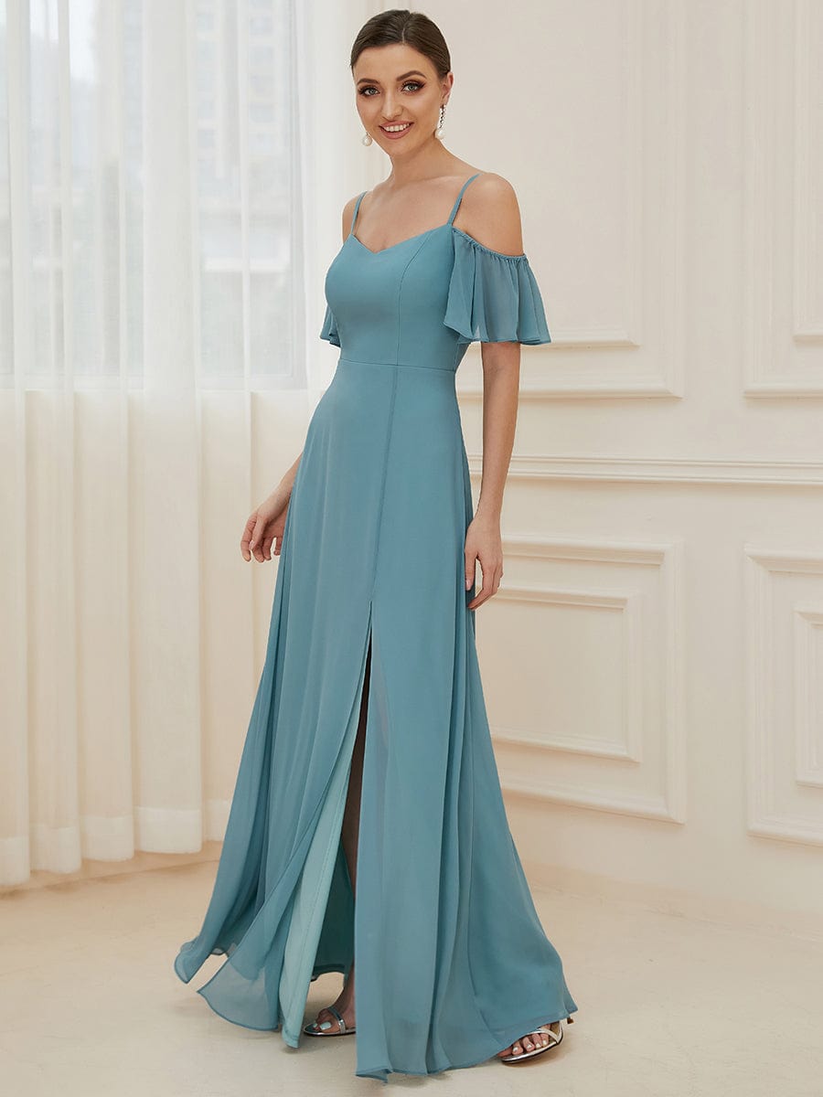 Elegant A-Line Bridesmaid Dress with Deep V Neck and Flare Sleeves