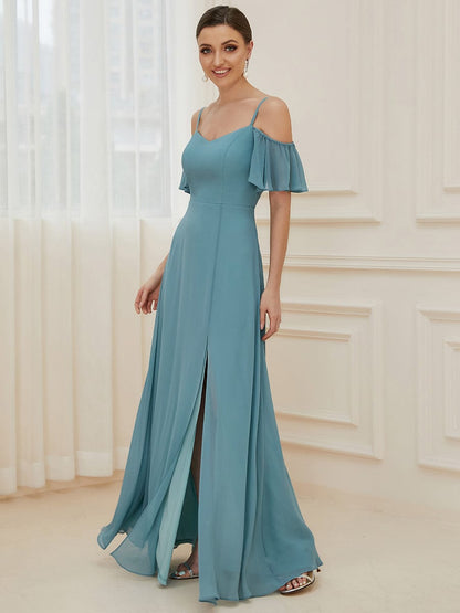 Elegant A-Line Bridesmaid Dress with Deep V Neck and Flare Sleeves