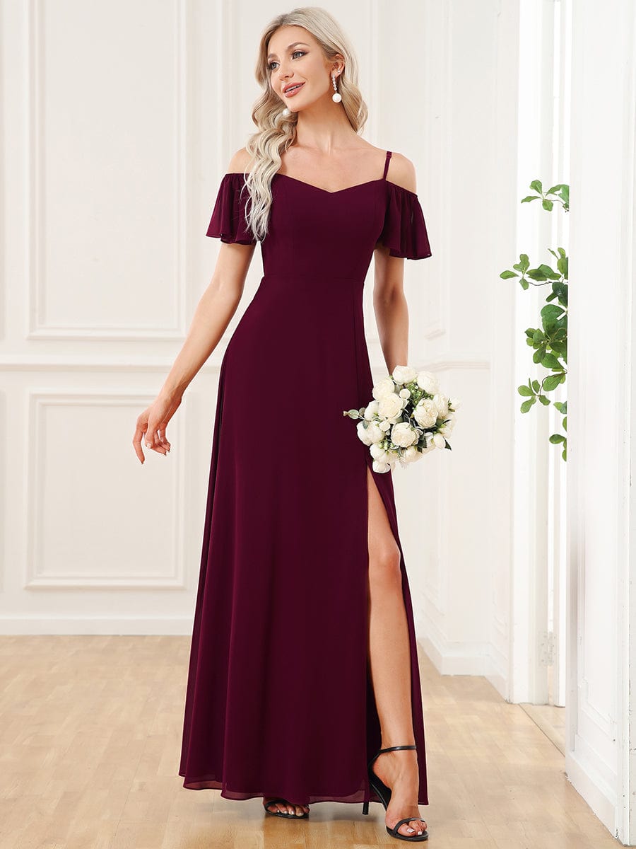Elegant A-Line Bridesmaid Dress with Deep V Neck and Flare Sleeves
