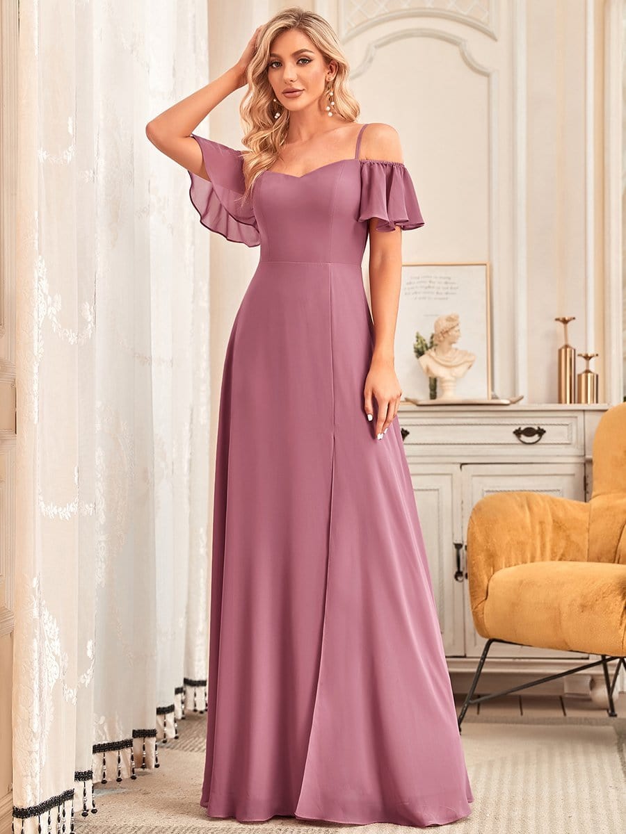 Elegant A-Line Bridesmaid Dress with Deep V Neck and Flare Sleeves